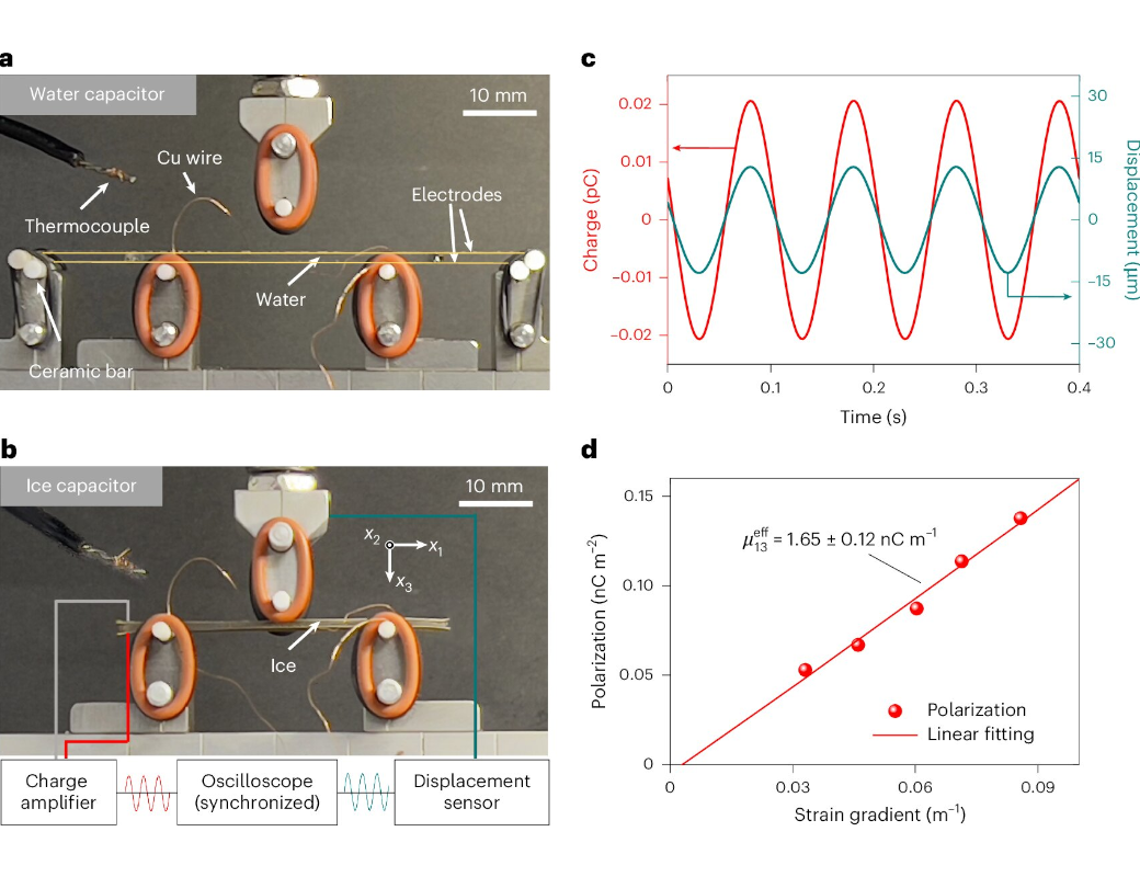 Experimental set-up for measuring ice flexoelectricity. Credit: Nature Physics (2025). DOI: 10.1038/s41567-025-02995-6