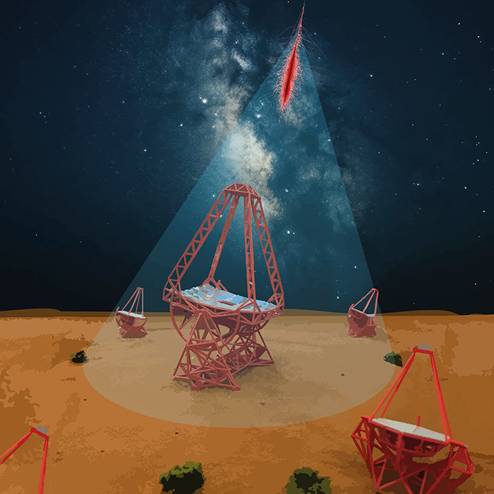 Visualisation of the H.E.S.S. telescope array capturing the showers of particles produced by high-energy cosmic electrons and positrons, as well as gamma rays. CREDIT: © MPIK/H.E.S.S. Collaboration