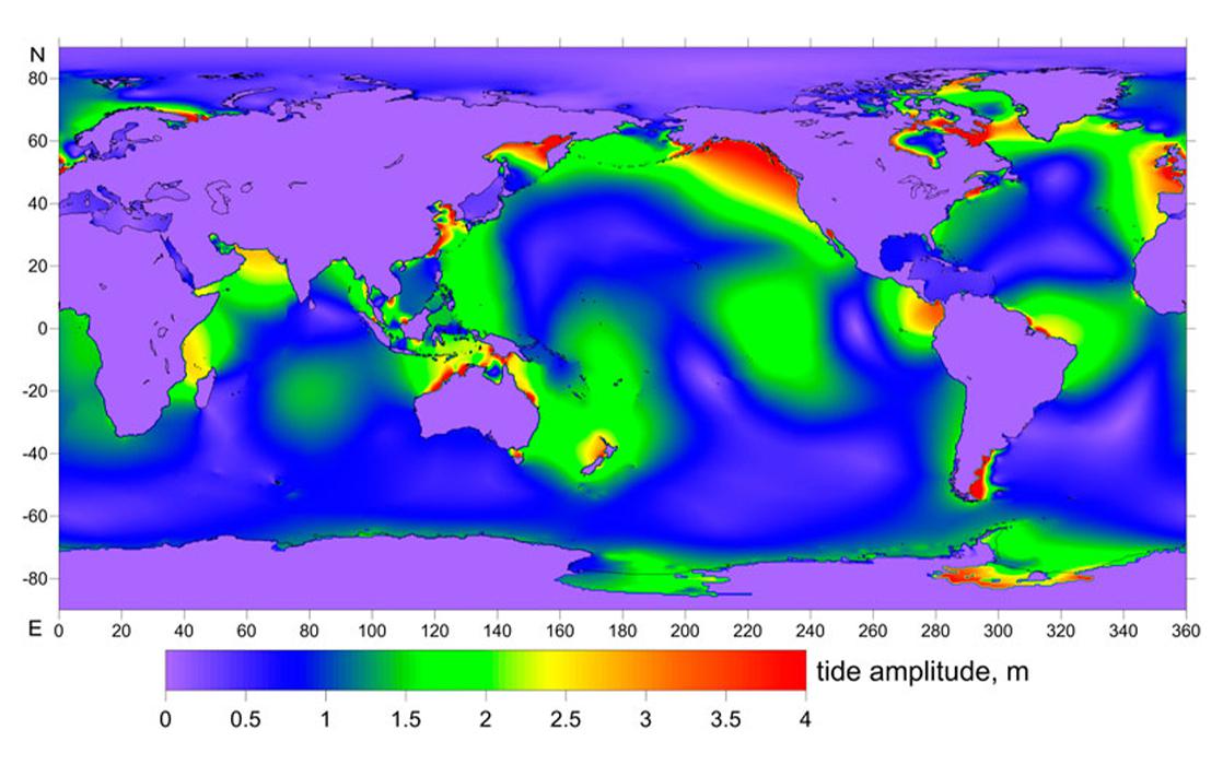 Глобальная карта амплитуды океанских приливов